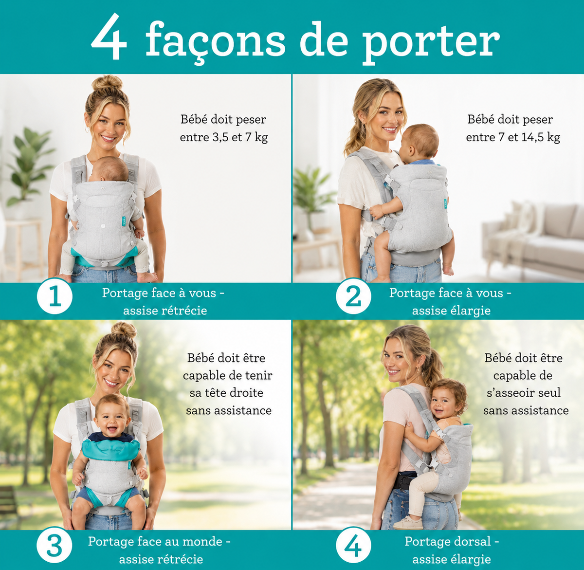 Porte-bébé multiposition sur le côté en mesh aéré