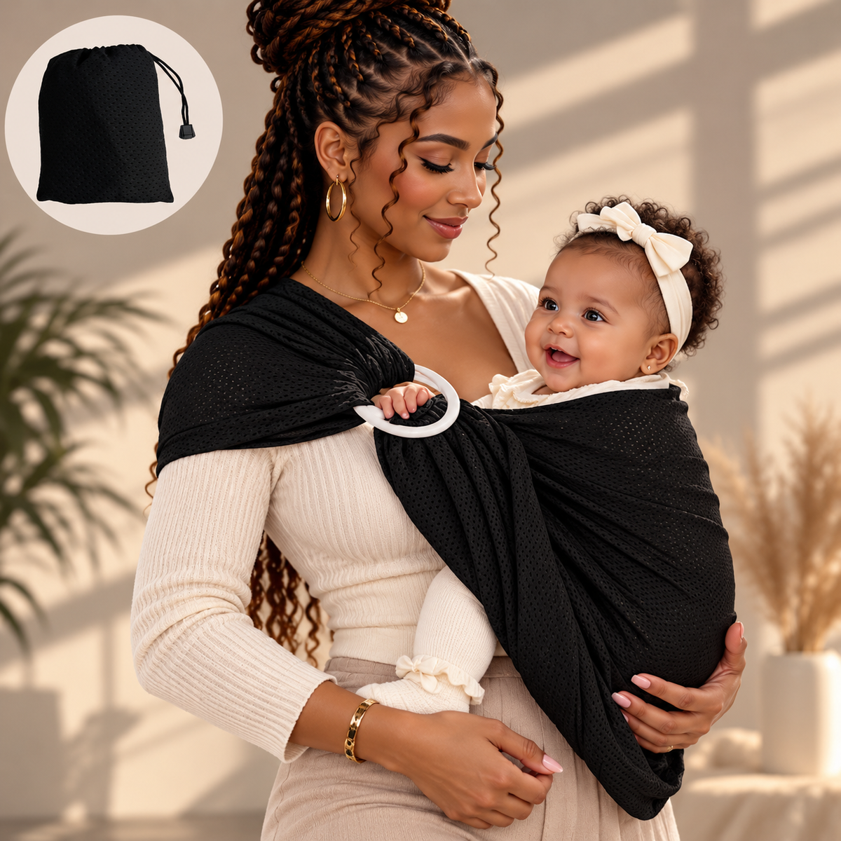 Porte-bébé de face à anneaux en mesh aéré