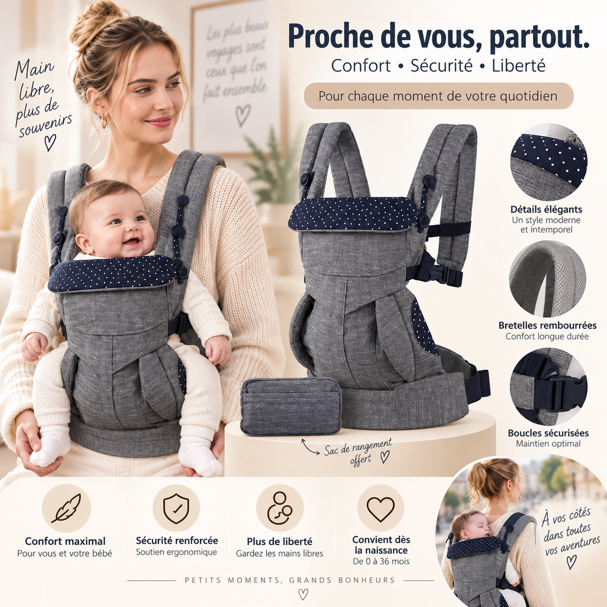 Porte-bébé confort ergonomique