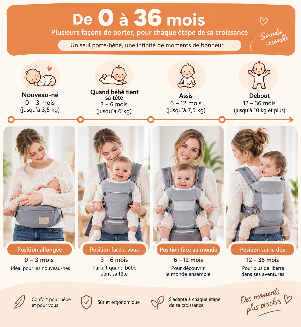 Porte-bébé 0-36 mois à assise gain d'effort
