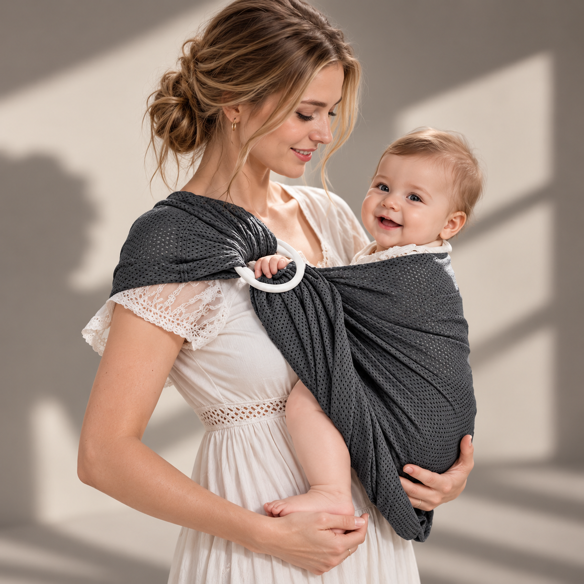 Porte-bébé de face à anneaux en mesh aéré