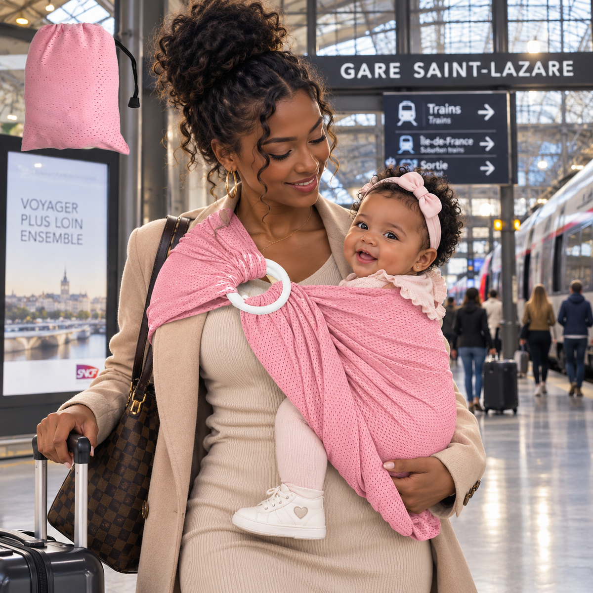 Porte-bébé de face à anneaux en mesh aéré