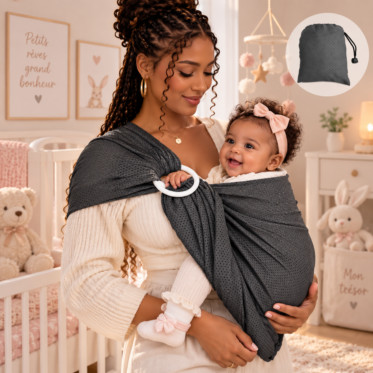 Porte-bébé de face à anneaux en mesh aéré