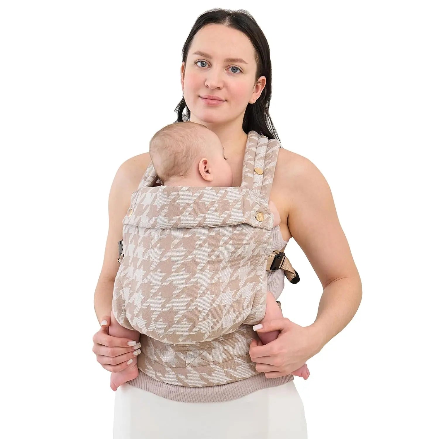 Porte-bébé pied-de-poule porté dans le dos de bébé