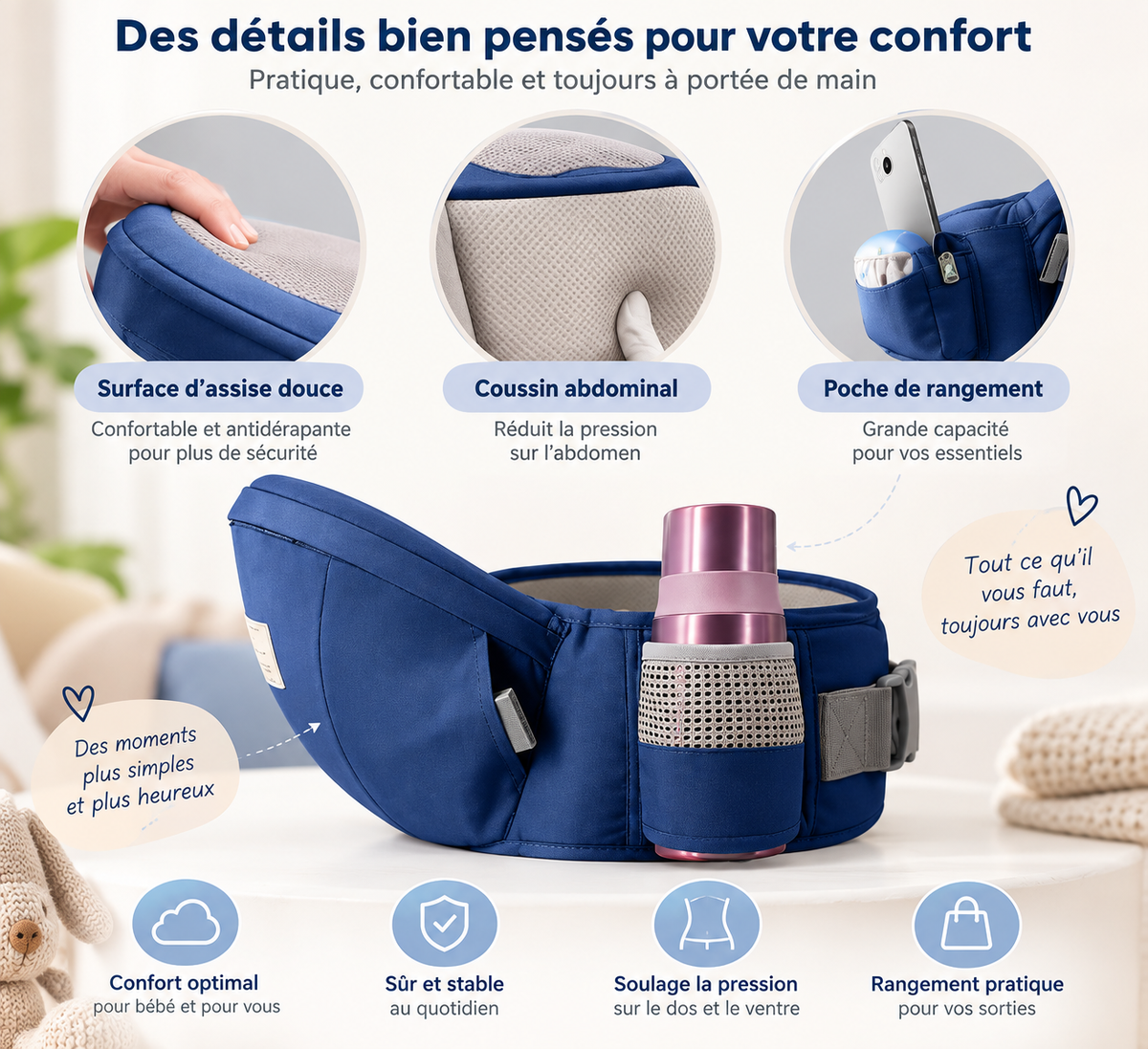 Porte-bébé 0-36 mois à assise gain d'effort