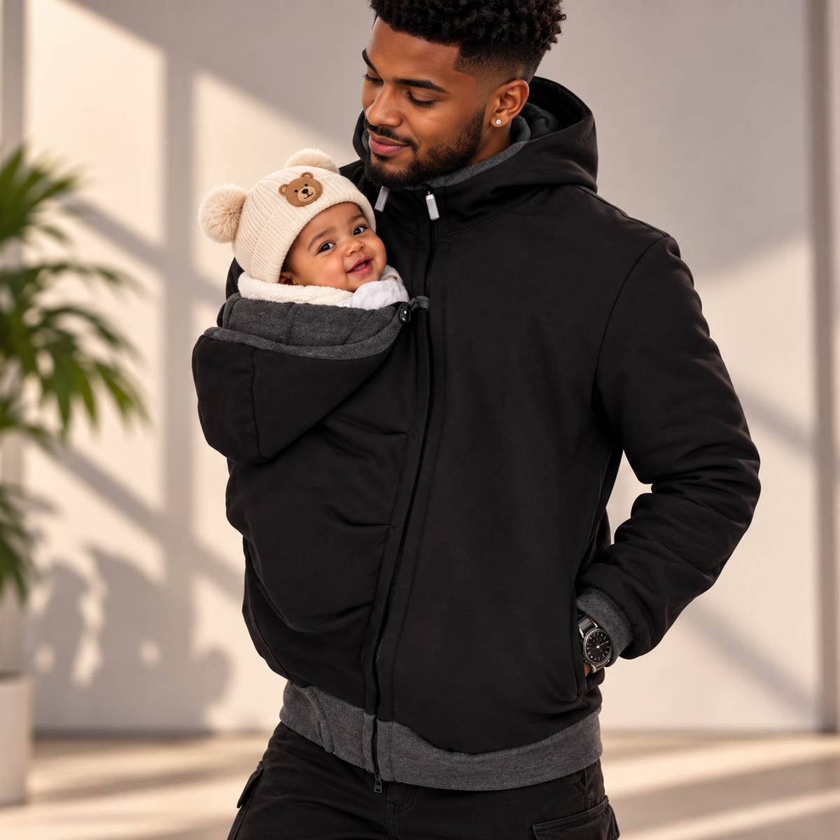Sweat porte-bébé homme à capuche veste kangourou