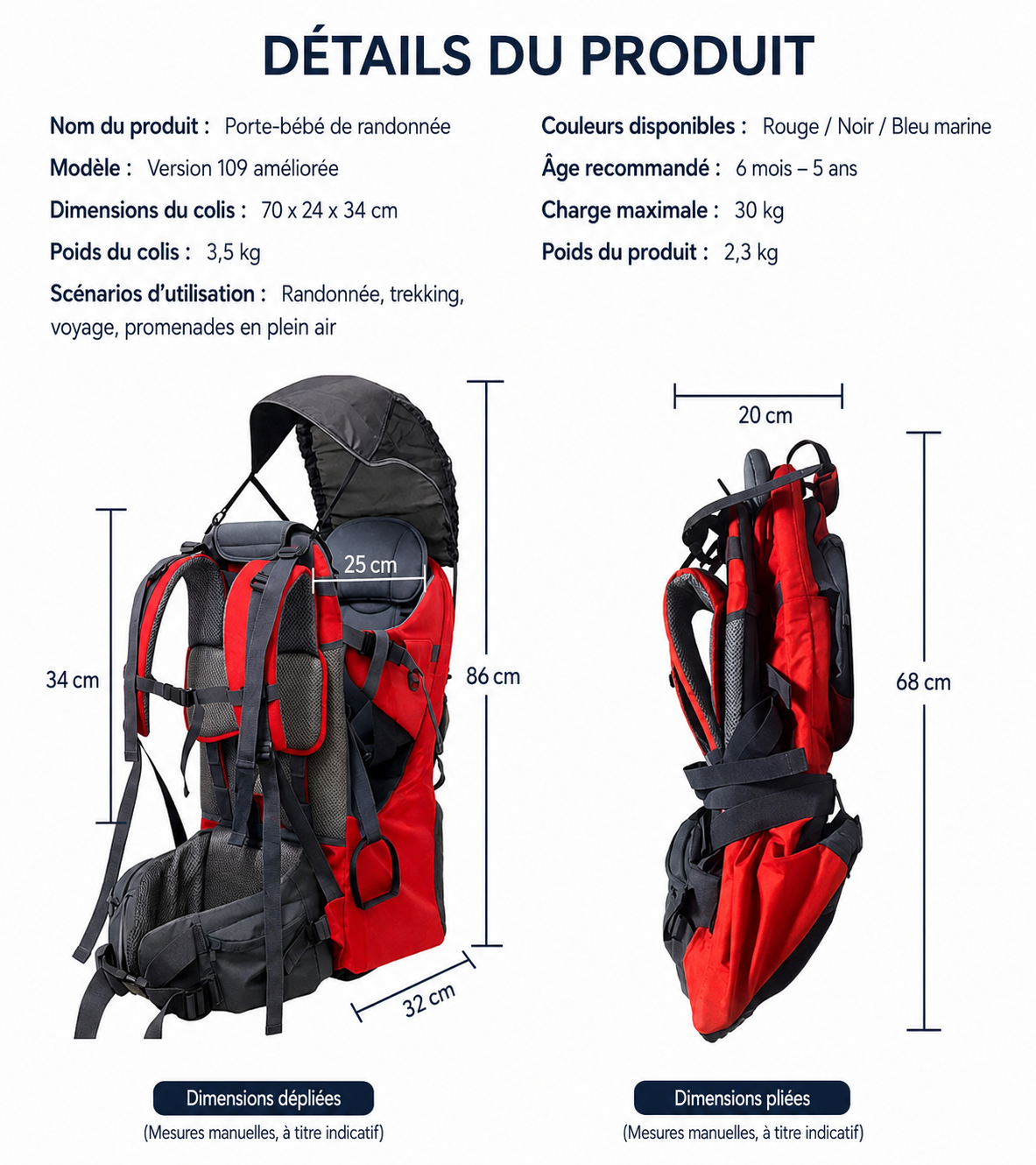 Porte-bébé de randonnée à armature dorsale