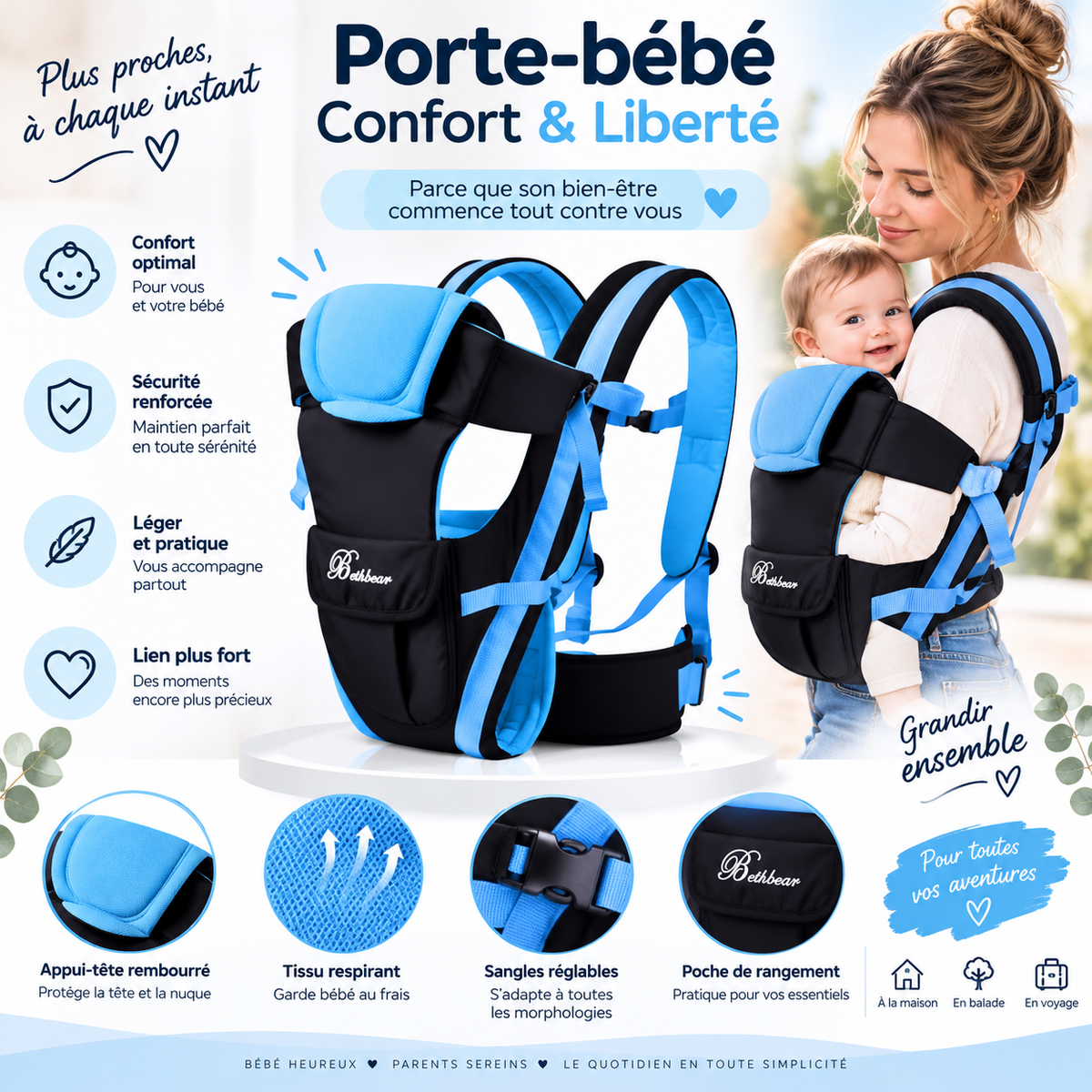 Porte-bébé évolutif 4-en-1 de naissance à 3 ans