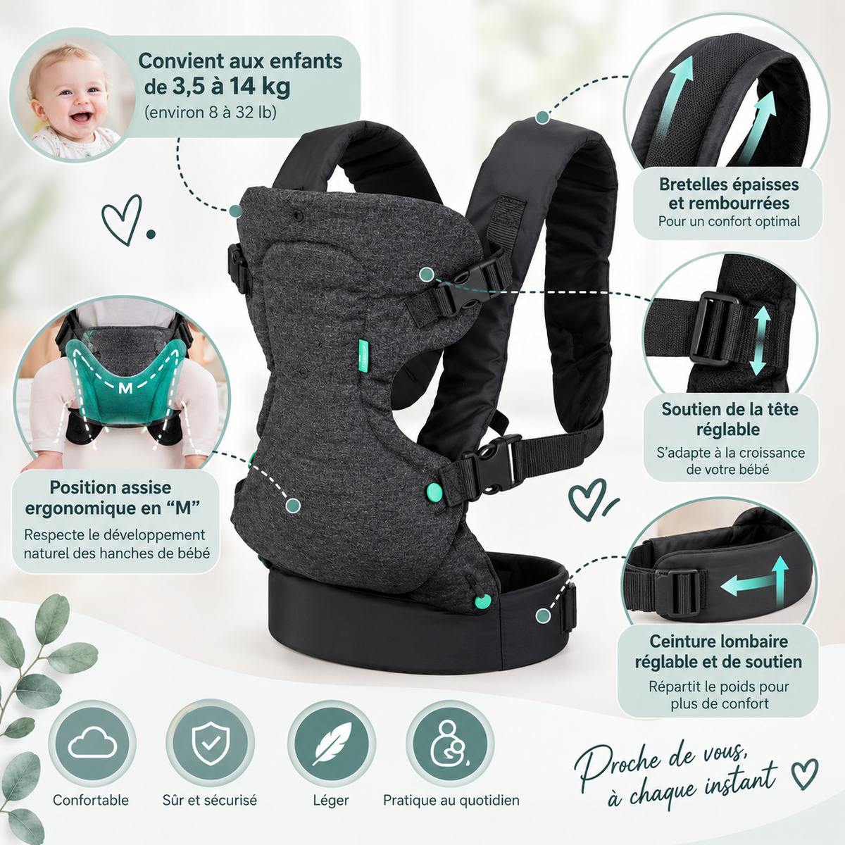 Porte-bébé évolutif 4-en-1 extensible dès 1 an
