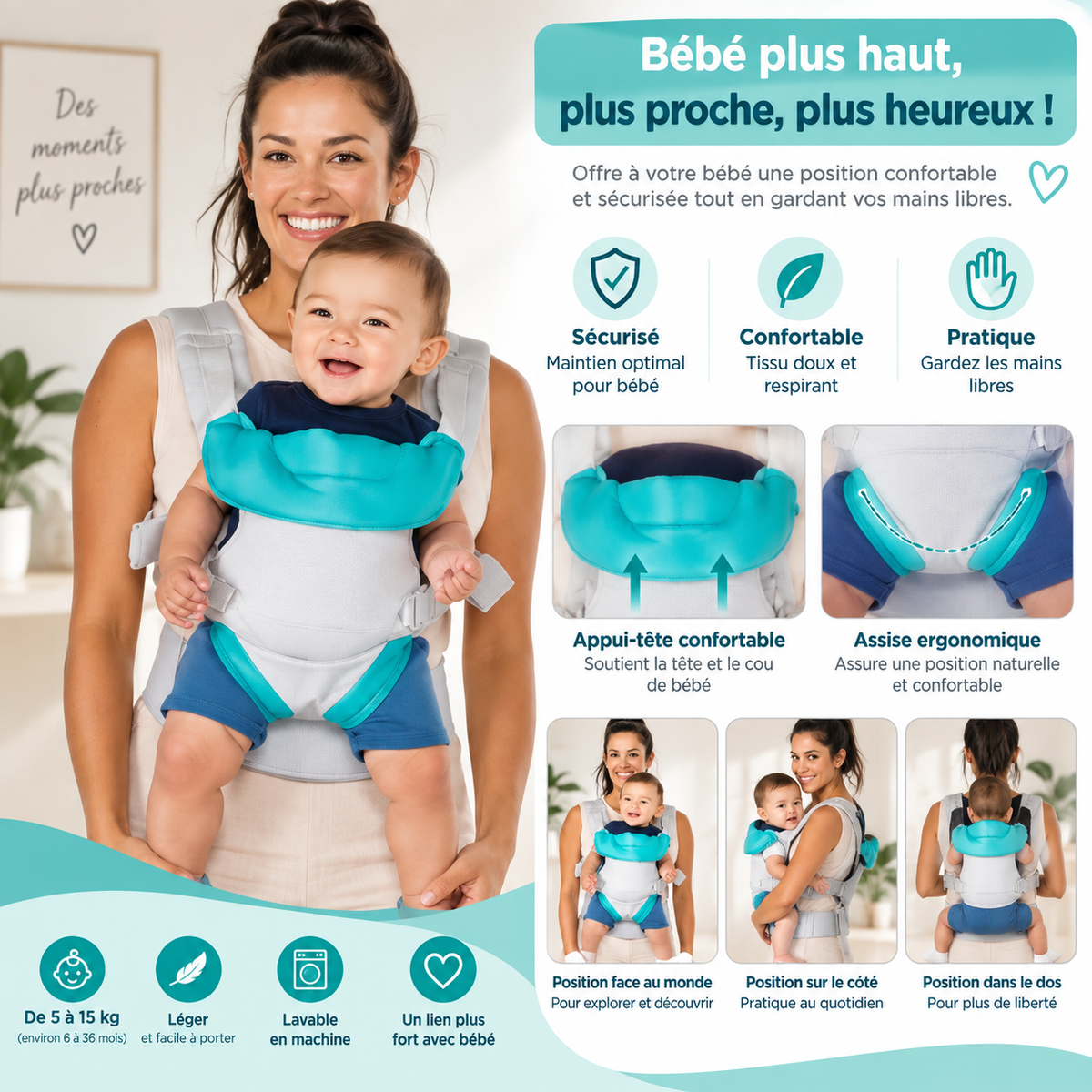 Porte-bébé évolutif 4-en-1 extensible dès 1 an