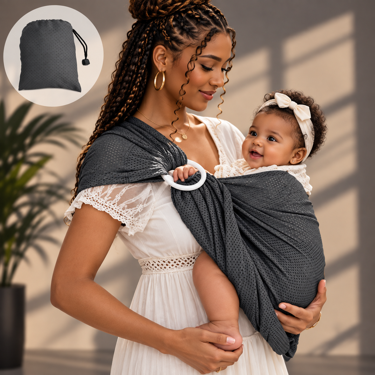 Porte-bébé de face à anneaux en mesh aéré