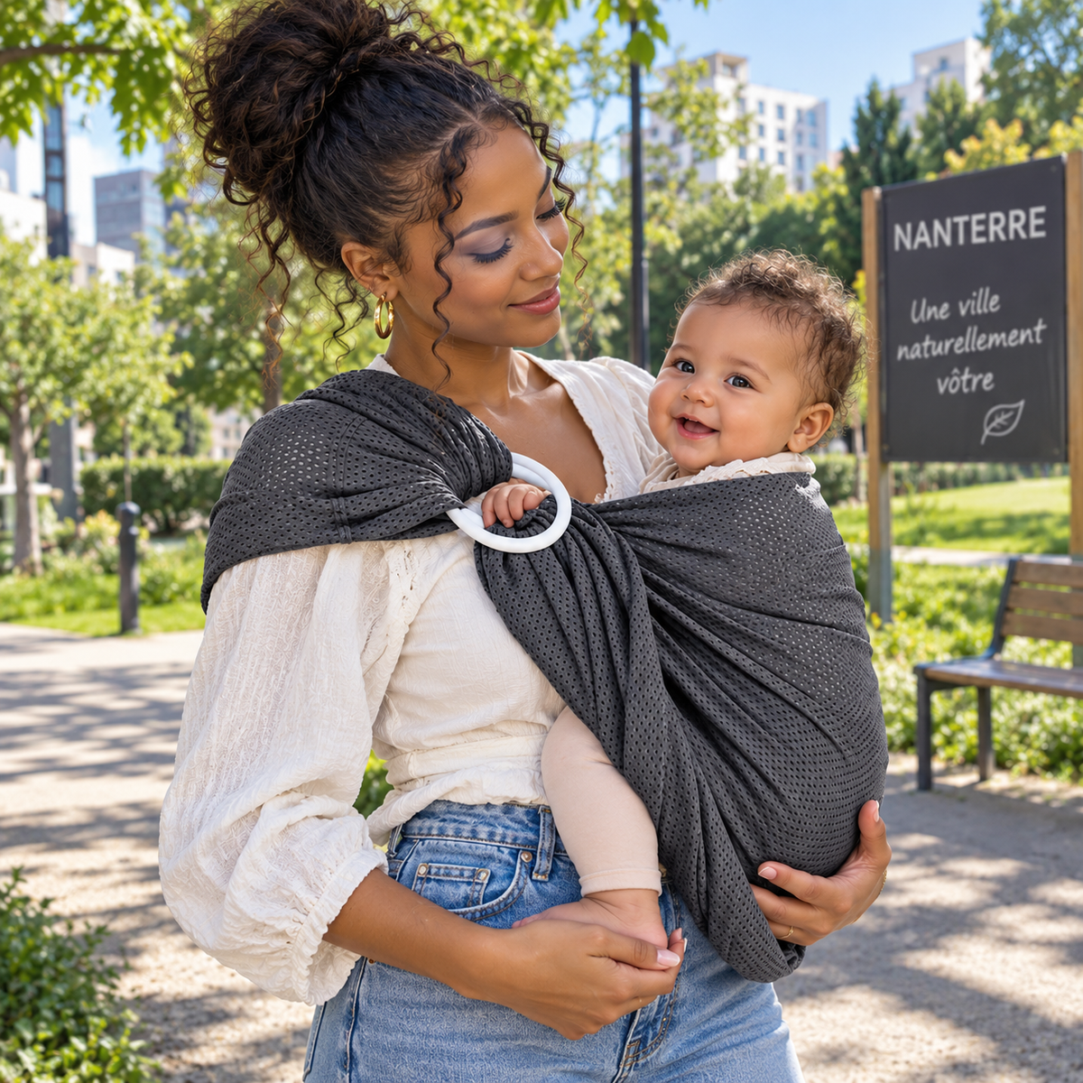 Porte-bébé de face à anneaux en mesh aéré