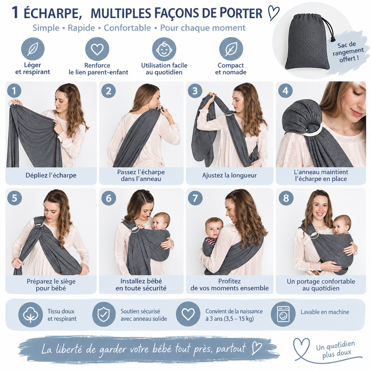 Porte-bébé de face à anneaux en mesh aéré