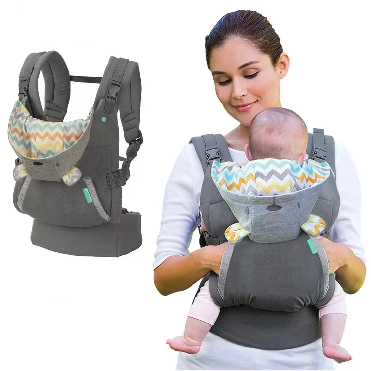 Porte-bébé à capuche évolutif 0-24 mois avec bonnet renard porté en ventral