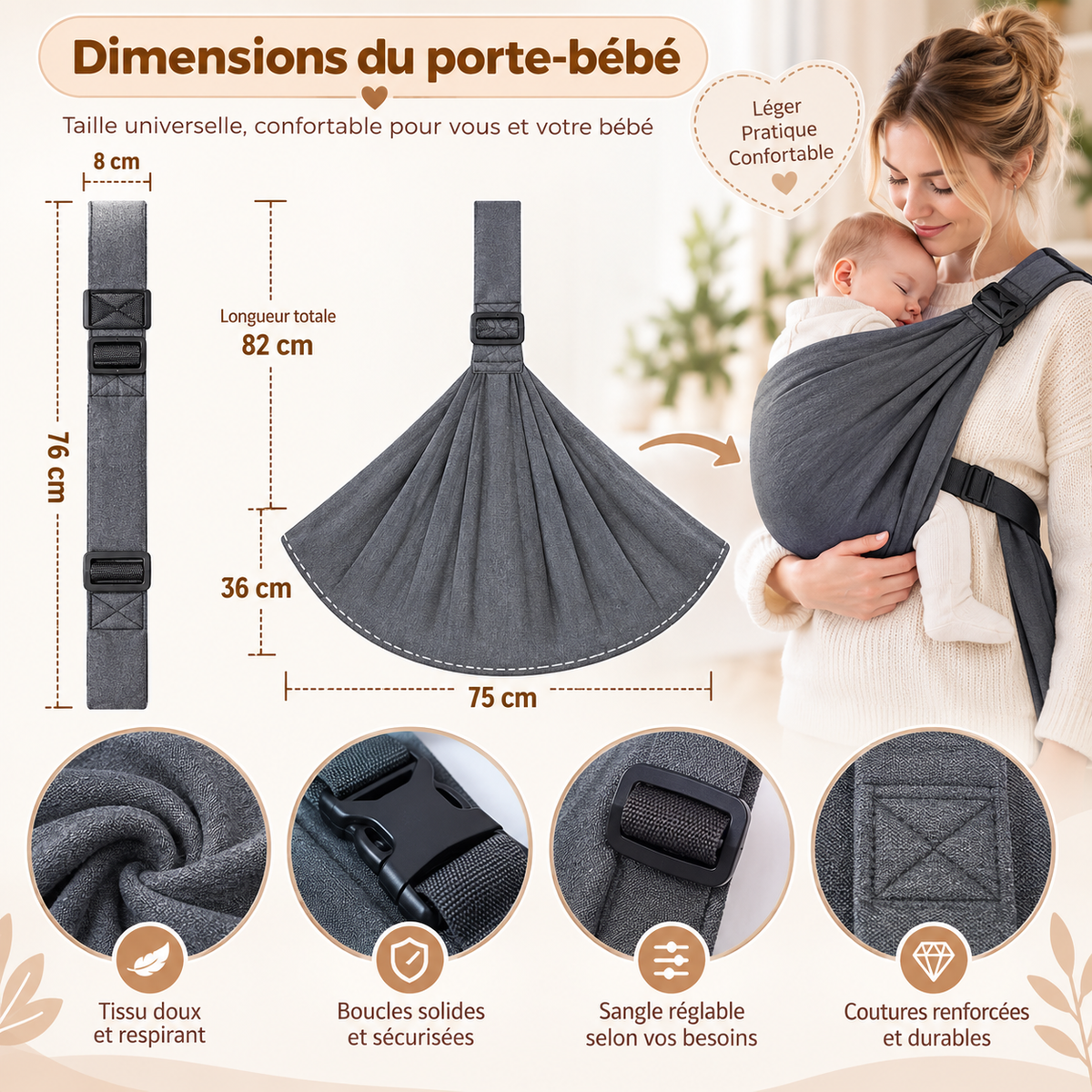 Sling porte-bébé ajustable en tissu ou mesh