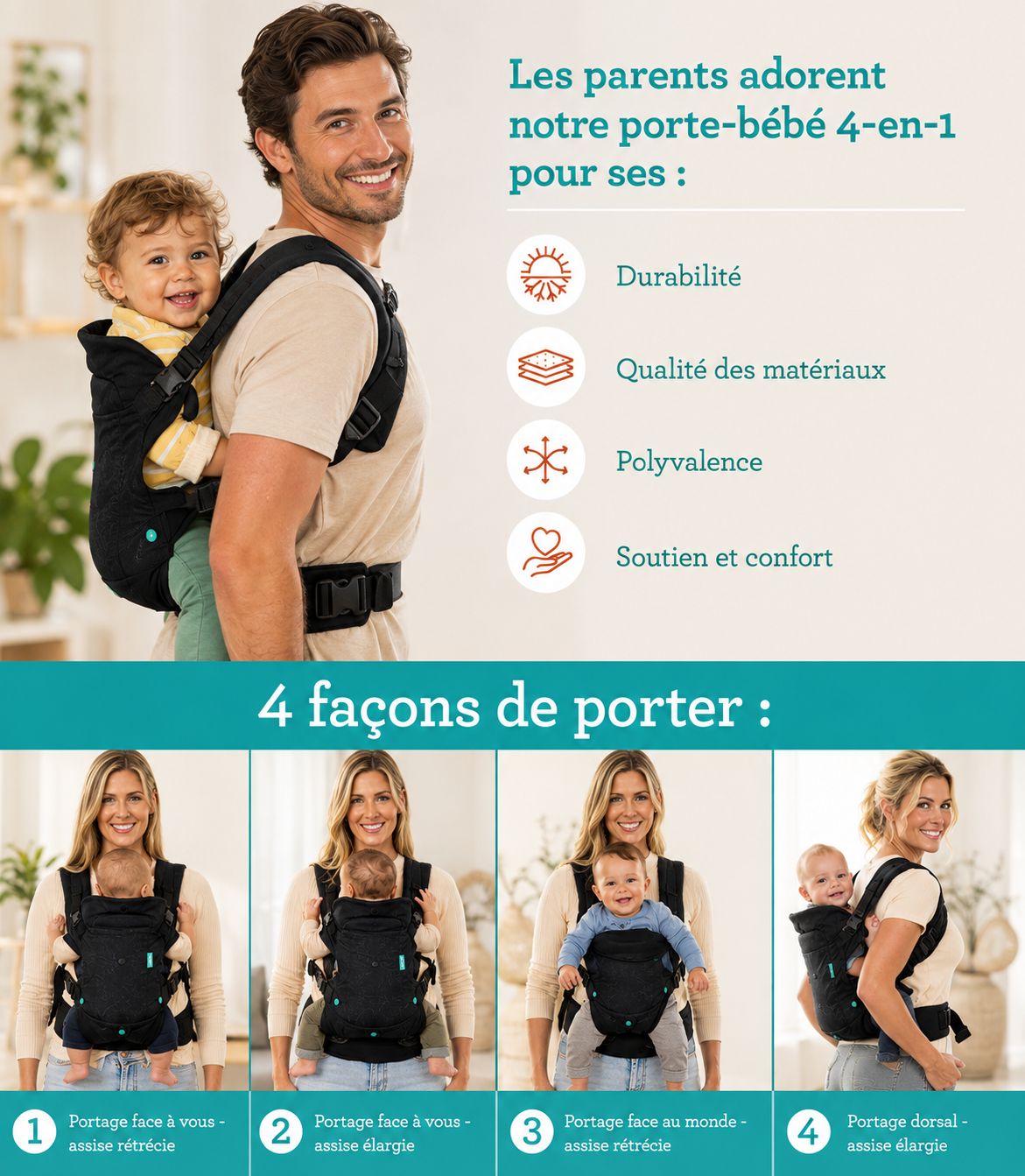 Porte-bébé multiposition sur le côté en mesh aéré